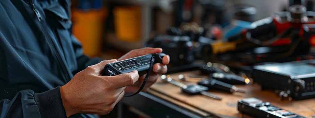a focused automotive locksmith expertly programs a high-tech car key inside a sleek, modern workshop, surrounded by advanced diagnostic tools and key cutting machines, illustrating efficiency and expertise in automotive lock services.