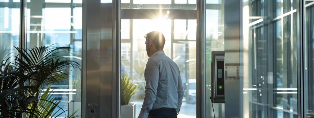 a focused commercial locksmith expertly installs a high-security access control system in a sleek, modern office environment, showcasing advanced security technology designed to protect businesses.