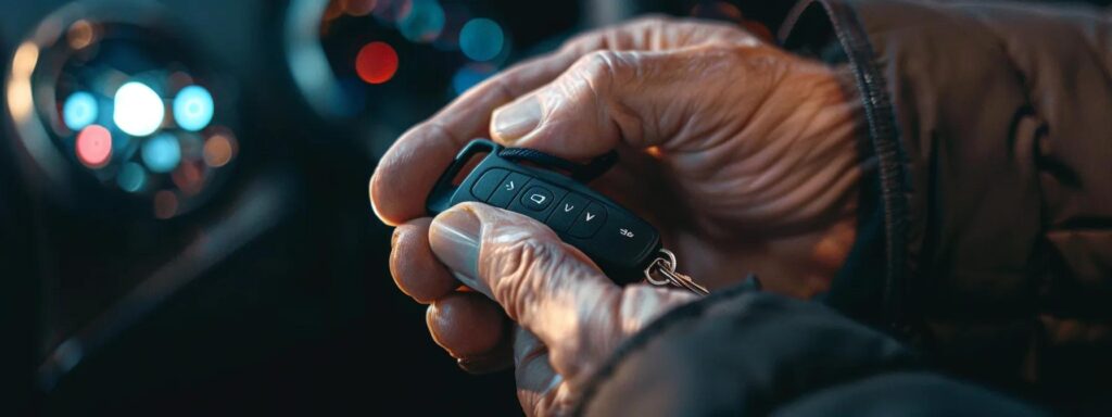 a focused locksmith expert meticulously works on a car key replacement in a modern, well-lit automotive workshop, showcasing professionalism and efficiency in a high-demand, customer-centric environment.
