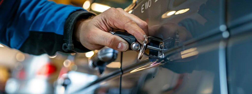 a focused locksmith expertly working on a car door lock inside a well-lit, modern urban garage, showcasing tools and the intricate details of key extraction and replacement, emphasizing professionalism and precision in mobile locksmith services.