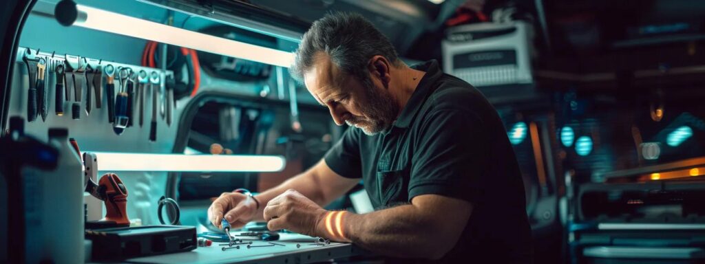 a focused locksmith expertly works on a car key inside a well-organized, modern mobile workshop, illuminated by strategic overhead lighting, showcasing advanced tools and a professional demeanor that emphasizes his commitment to security and reliability.
