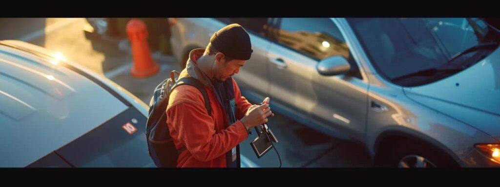 a focused mobile locksmith expertly diagnoses a car door lock issue in the parking lot of a commercial building, surrounded by tools and high-tech equipment, conveying professionalism and efficiency under bright artificial lighting.