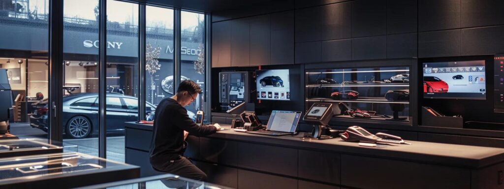 a modern locksmith office features a professional expertly working on advanced car key technology, surrounded by sleek biometric systems and smart lock displays, showcasing the cutting-edge integration of security solutions in an urban setting.
