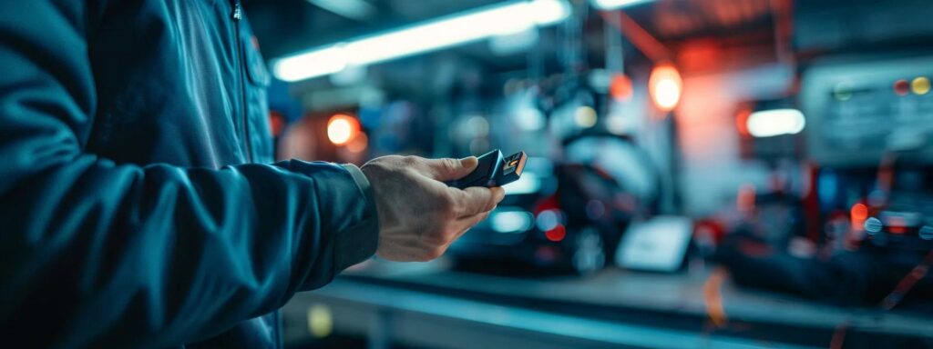 a skilled mobile locksmith expertly programs a transponder key inside a modern, well-lit automotive workshop, showcasing the blend of advanced technology and security solutions in action.