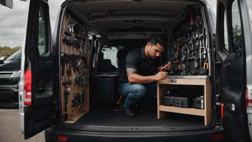 inside a sleek, modern mobile locksmith van, a focused technician is skillfully working on a car key duplication, surrounded by an array of advanced locksmith tools and equipment meticulously arranged for efficiency.